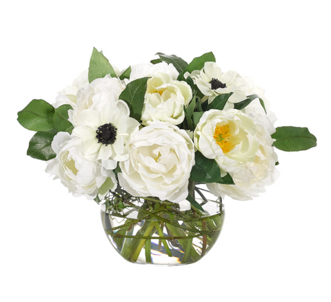 WHITE PEONY ANEMONE SILK IN GLASS BUBBLE