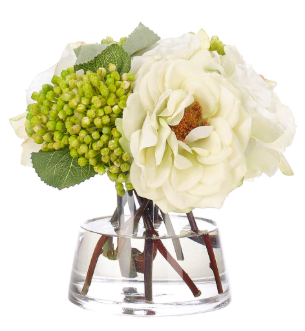 WHITE SILK ROSES IN GLASS VASE