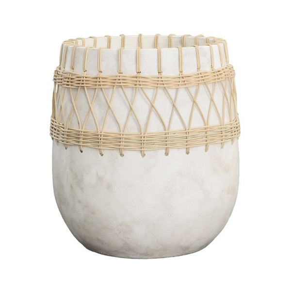 Large White Concrete and Rattan Vase