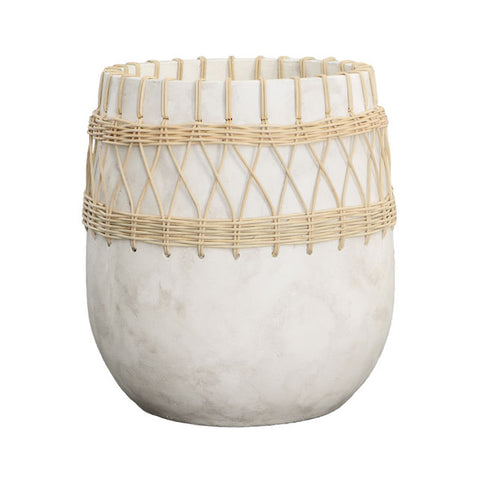 Large White Concrete and Rattan Vase