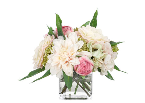 Faux Rose & Dahlia in Glass Cube