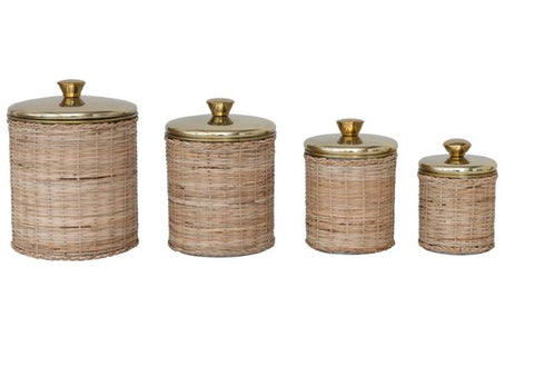 Large Rattan Wrapped Stainless Steel Canisters