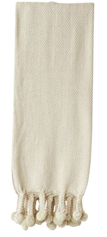 Cream Cotton Throw with Pom Pom Tassels