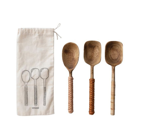 Wooden Spoons With Bamboo and Leather Wrapped Handles