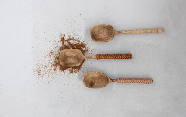Wooden Spoons With Bamboo and Leather Wrapped Handles
