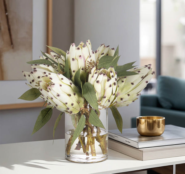 13" PROTEA IN GLASS CYLINDER