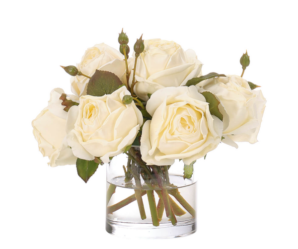 WHITE SILK ROSES IN GLASS