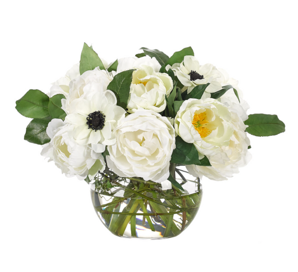 WHITE PEONY ANEMONE SILK IN GLASS BUBBLE