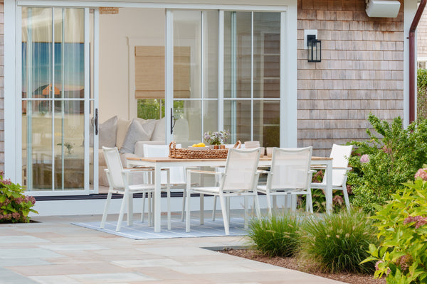 Dining Set: Pearl White - Studio Stacking Chairs x6 & Teak Slat Top Table