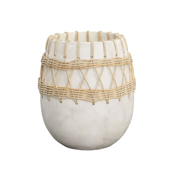 Small White Concrete and Rattan Vase