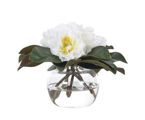 Faux Peony with Magnolia Foliage in Glass Vase
