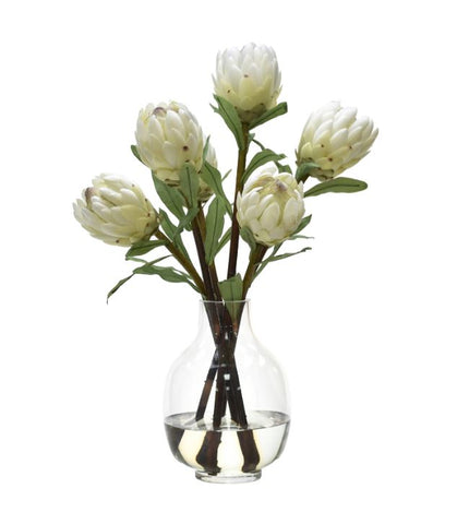 Faux White Protea in Glass Vase