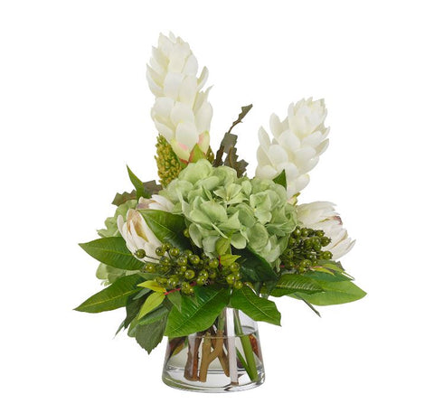 Faux Hydrangea Protea in Glass Vase