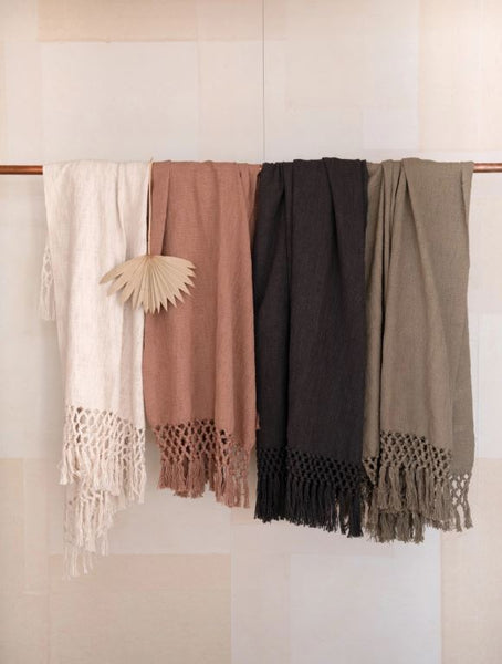 Charcoal Woven Cotton Throw With Fringe