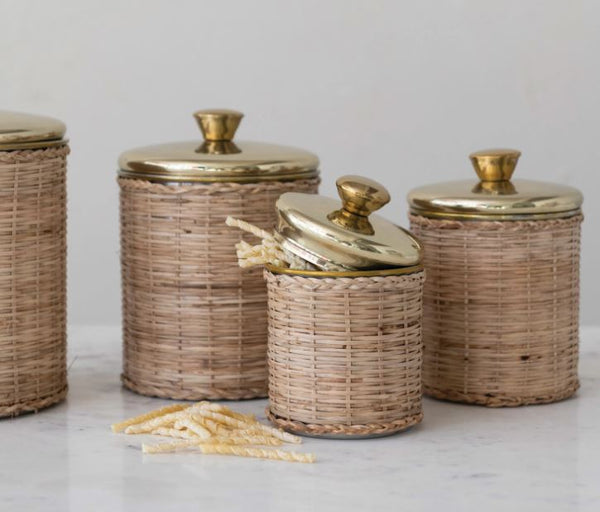 Medium Rattan Wrapped Stainless Steel Canisters