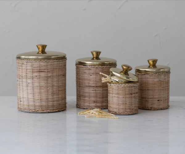 Small Rattan Wrapped Stainless Steel Canisters