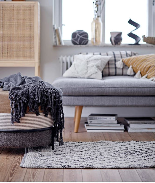 Charcoal Woven Cotton Throw With Fringe